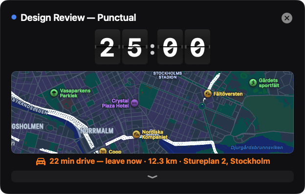 Countdown box with map and driving time